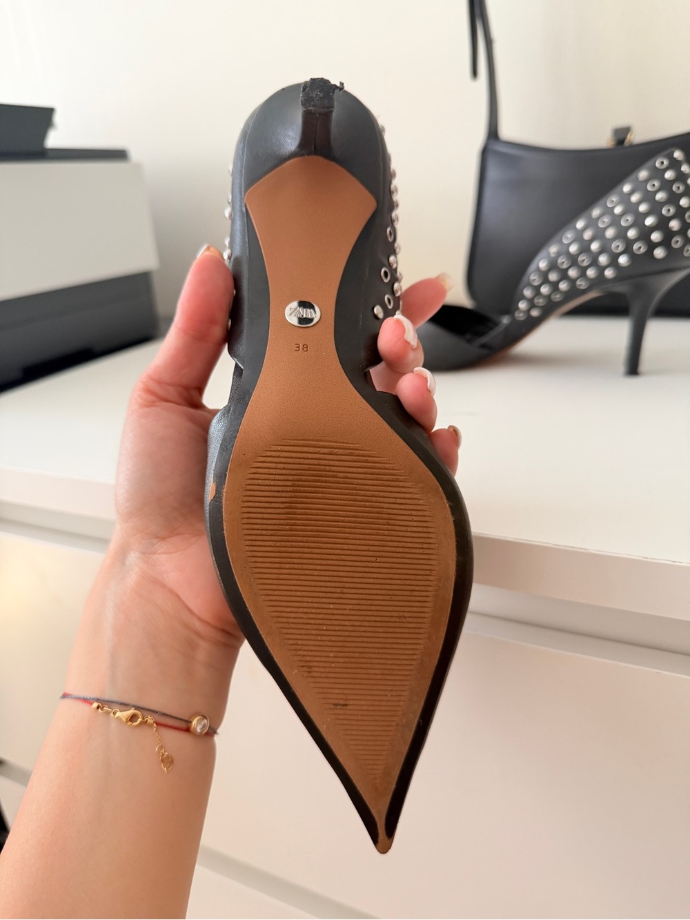 Zara Black Pointed-Toe Studded Kitten Heels - Picture 4 of 6